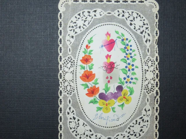 Image pieuse, dentelle, avec coeurs et fleurs, époque début 20ème.