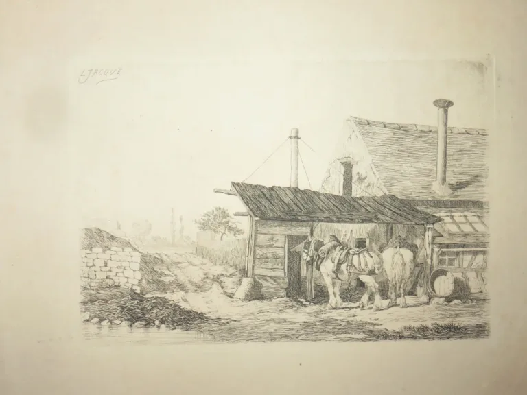 Maison avec chevaux, eau-forte époque 19ème.