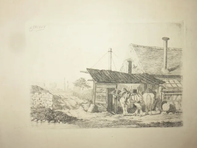 Maison avec chevaux, eau-forte époque 19ème.