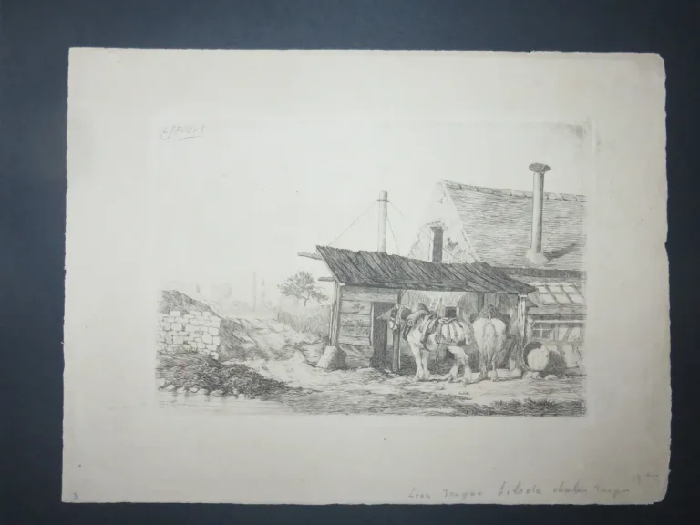 Maison avec chevaux, eau-forte époque 19ème.