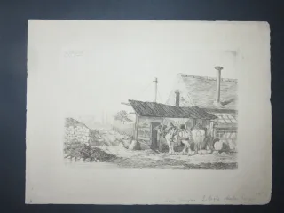 Maison avec chevaux, eau-forte époque 19ème.