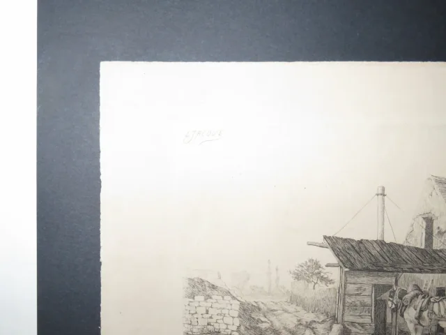 Maison avec chevaux, eau-forte époque 19ème.