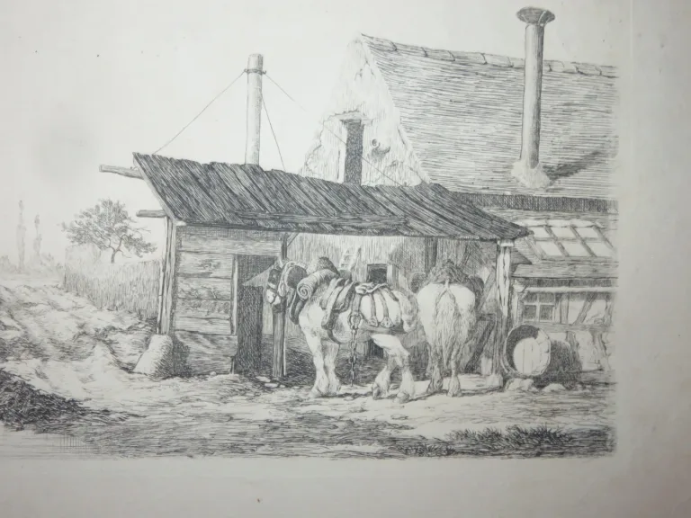 Maison avec chevaux, eau-forte époque 19ème.