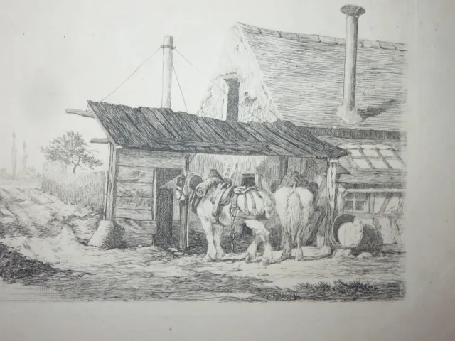 Maison avec chevaux, eau-forte époque 19ème.