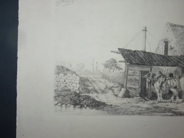 Maison avec chevaux, eau-forte époque 19ème.