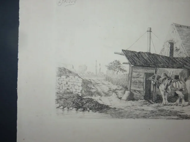 Maison avec chevaux, eau-forte époque 19ème.