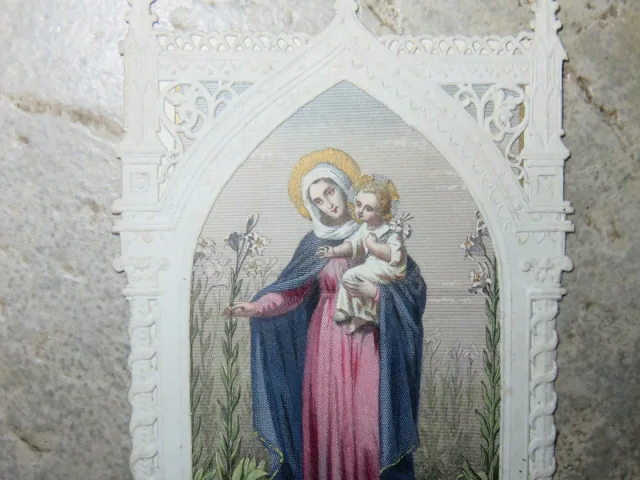 Image pieuse, dentelle, Marie et l'enfant Jésus, époque début 20ème.