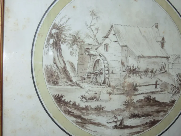 Moulin, Avec Lavandières Et Vache, Dessin époque 18ème.