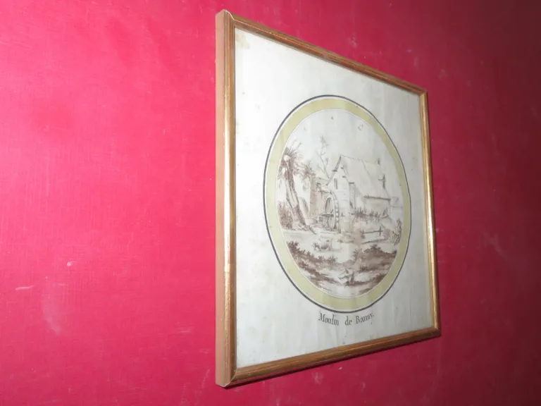 Moulin, Avec Lavandières Et Vache, Dessin époque 18ème.