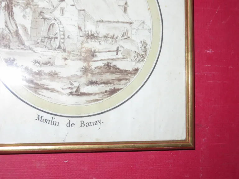 Moulin, Avec Lavandières Et Vache, Dessin époque 18ème.