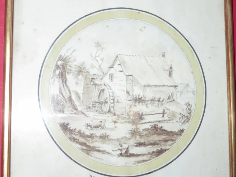 Moulin, Avec Lavandières Et Vache, Dessin époque 18ème.
