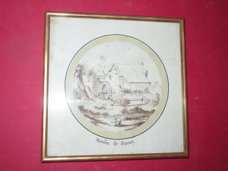 Moulin, Avec Lavandières Et Vache, Dessin époque 18ème.