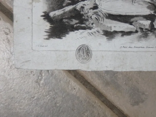 Enfants, à la source, sous un arbre, gravure époque 18ème.