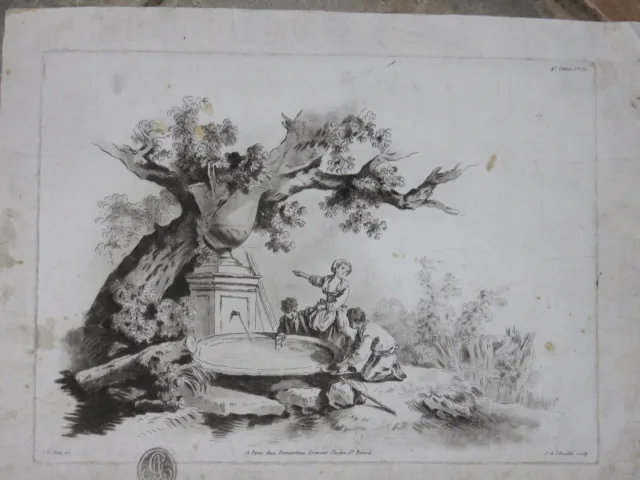 Enfants, à la source, sous un arbre, gravure époque 18ème.