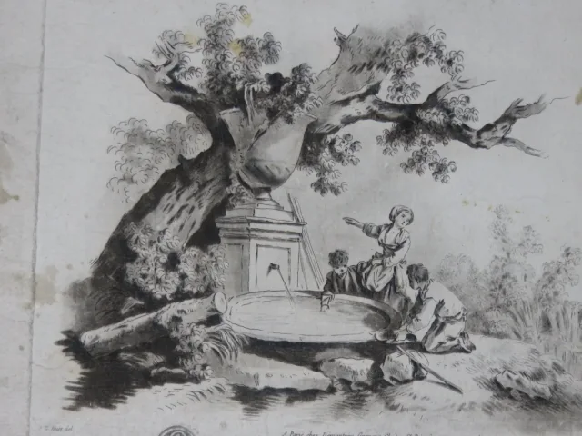 Enfants, à la source, sous un arbre, gravure époque 18ème.