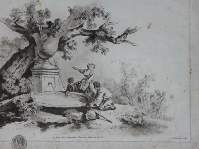 Enfants, à la source, sous un arbre, gravure époque 18ème.
