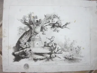 Enfants, à la source, sous un arbre, gravure époque 18ème.