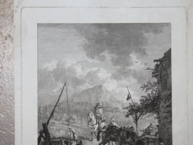 Scène près dun puit, gravure époque 18ème.