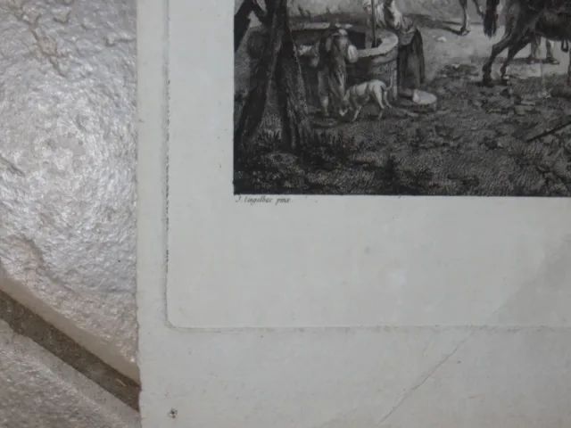 Scène près dun puit, gravure époque 18ème.