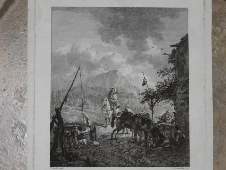 Scène près dun puit, Tiefdruck-Epoche 18ème.