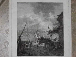 Scène près dun puit, gravure époque 18ème.