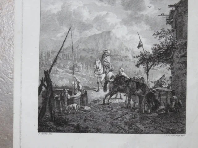 Scène près dun puit, gravure époque 18ème.