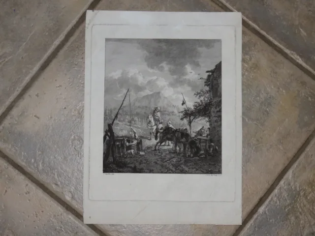Scène près dun puit, gravure époque 18ème.