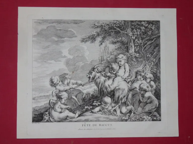 «Fête de Baccus», Dieu de la Vigne, eau-forte époque 18ème.