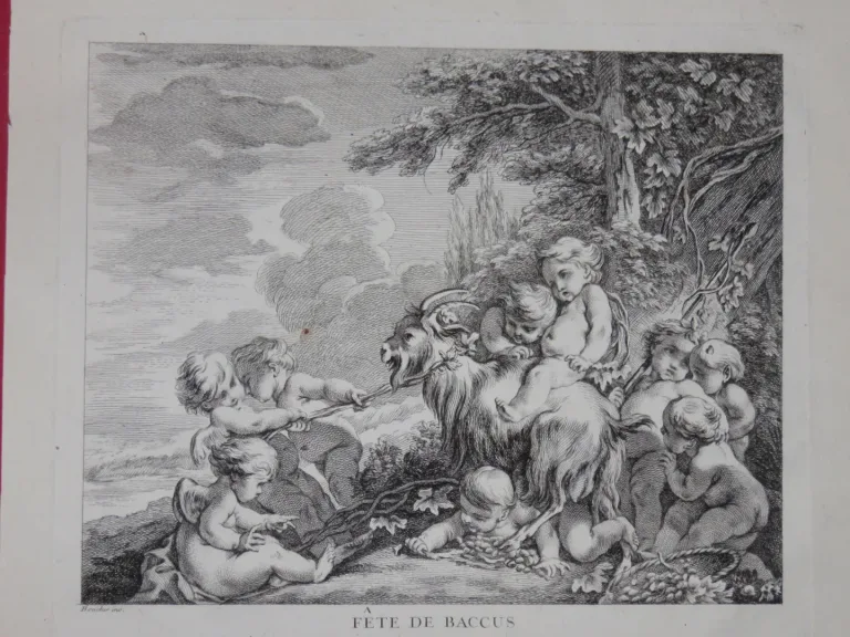 «Fête de Baccus», Dieu de la Vigne, eau-forte époque 18ème.