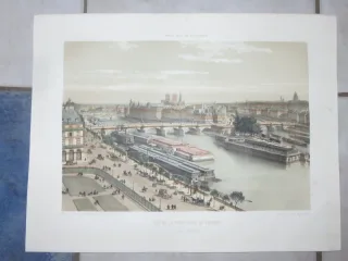 Parigi, Vue de la Seine, Premio del Louvre, Lithographie époque 19ème.