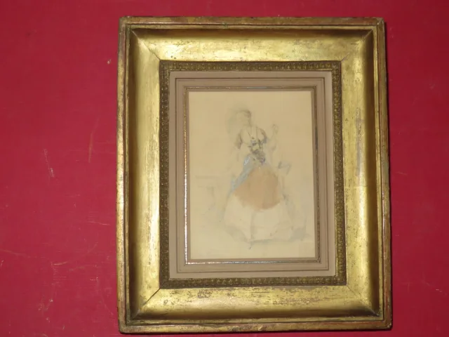 " L'élégante à l'Ombrelle ", Aquarelle Signée, époque 19ème