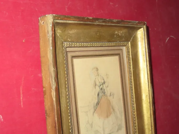 "L'élégante à l'Ombrelle", Aquarelle Signée, Epoche 19ème