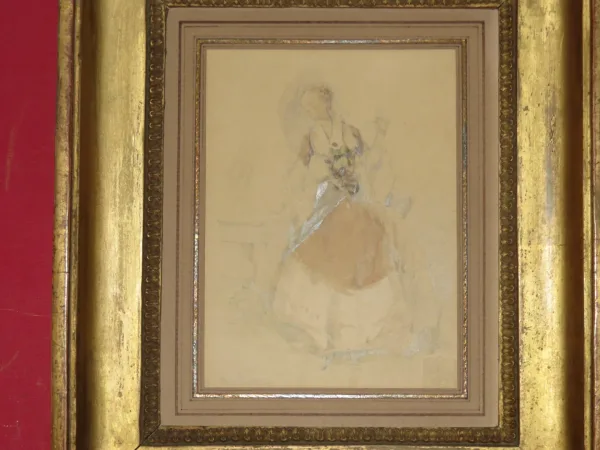 "L'élégante à l'Ombrelle", Aquarelle Signée, Epoche 19ème