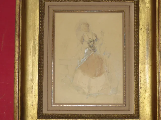 " L'élégante à l'Ombrelle ", Aquarelle Signée, époque 19ème