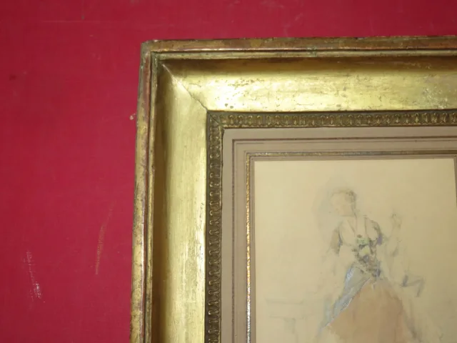 " L'élégante à l'Ombrelle ", Aquarelle Signée, époque 19ème