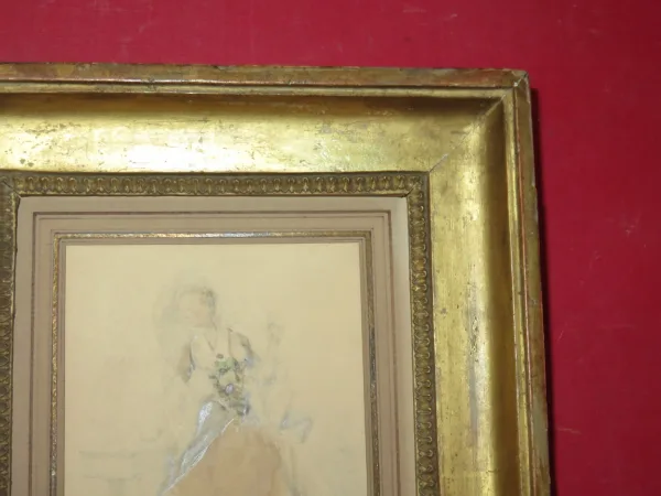 "L'élégante à l'Ombrelle", Aquarelle Signée, Epoche 19ème