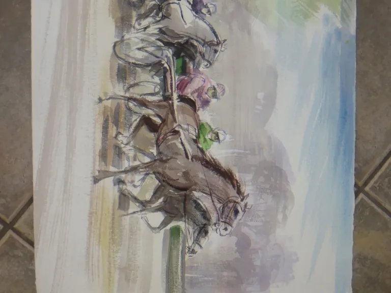 WATERCOLOUR OF A HORSE RACE SIGNED GUY FANTOU