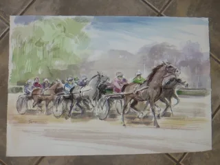 WATERCOLOUR OF A HORSE RACE SIGNED GUY FANTOU