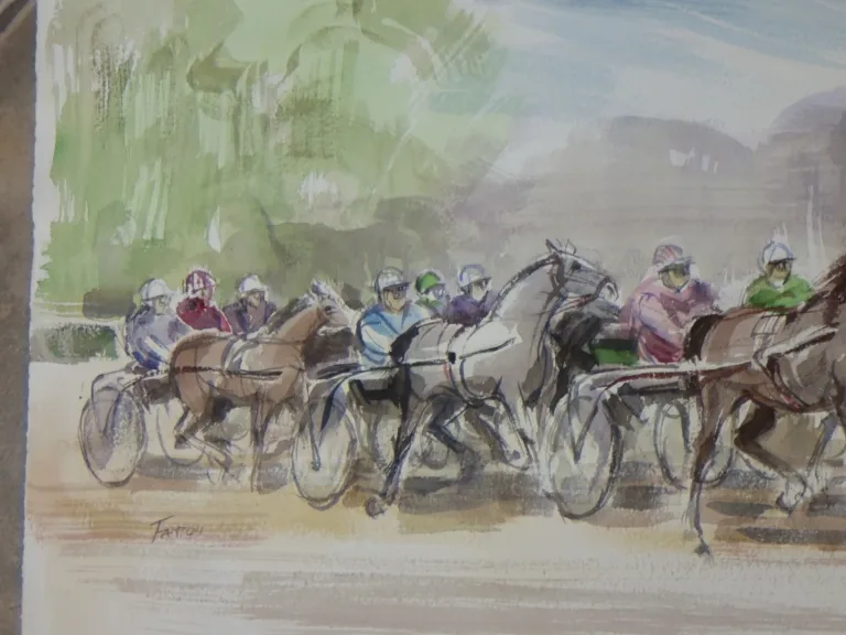 WATERCOLOUR OF A HORSE RACE SIGNED GUY FANTOU