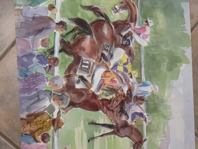 Course hippique,  aquarelle  et époque 20ème.
