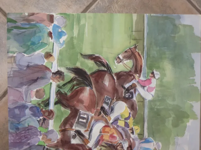 Course hippique,  aquarelle  et époque 20ème.