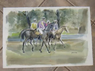 Chevaux  hippiques,  aquarelle  et époque 20ème.