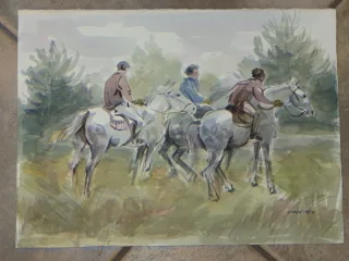 Promenade à cheval,  aquarelle époque 20ème.