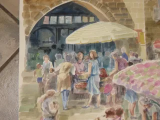 Scène de marché, Aquarelle signée Guy Fantou, époque 20ème.
