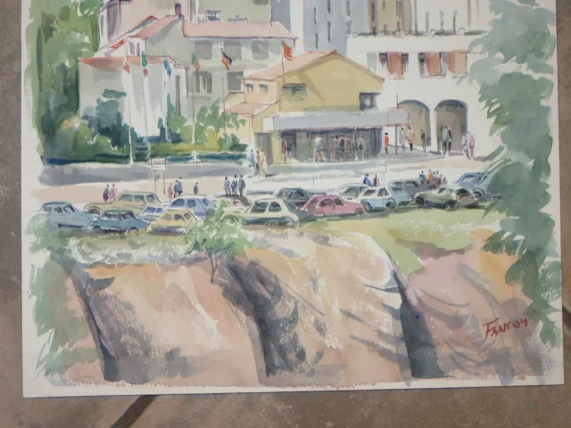Un village, Aquarelle signée Guy Fantou, époque 20ème.