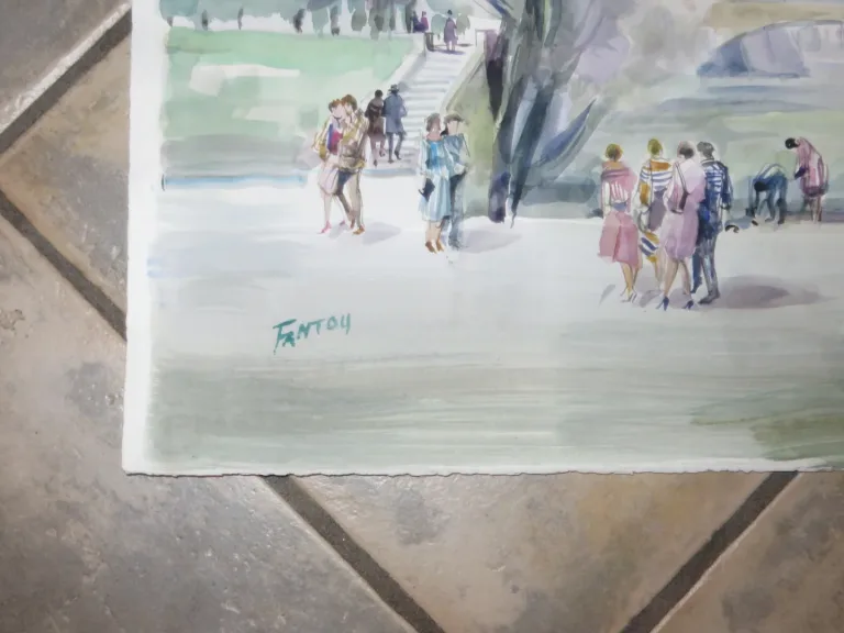 Un pont avec personnages, Aquarelle signée Guy Fantou, époque 20ème.