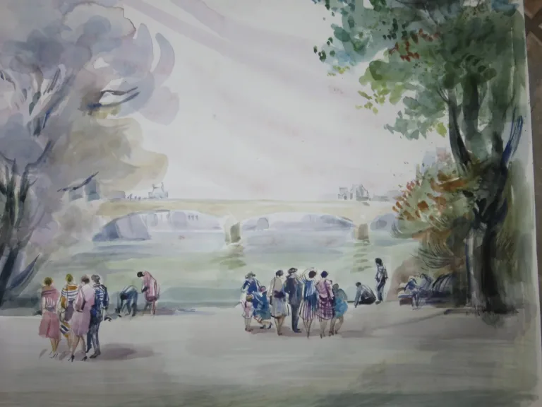 Un pont avec personnages, Aquarelle signée Guy Fantou, époque 20ème.
