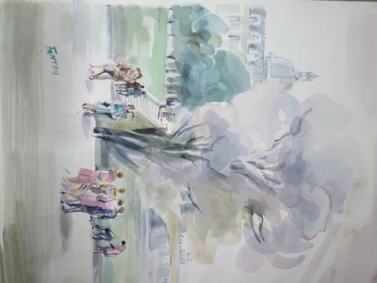 Un pont avec personnages, Aquarelle signée Guy Fantou, époque 20ème.