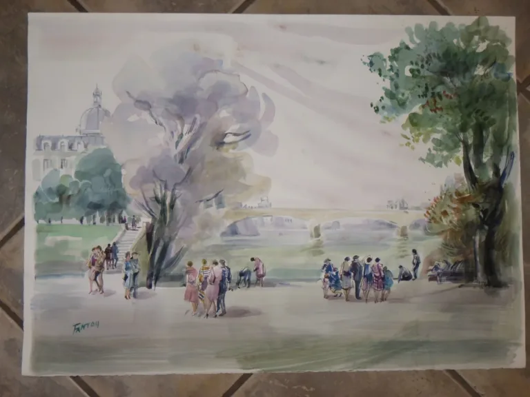 Un pont avec personnages, Aquarelle signée Guy Fantou, époque 20ème.