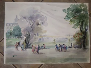 Un pont avec personnages, Aquarelle signée Guy Fantou, époque 20ème.